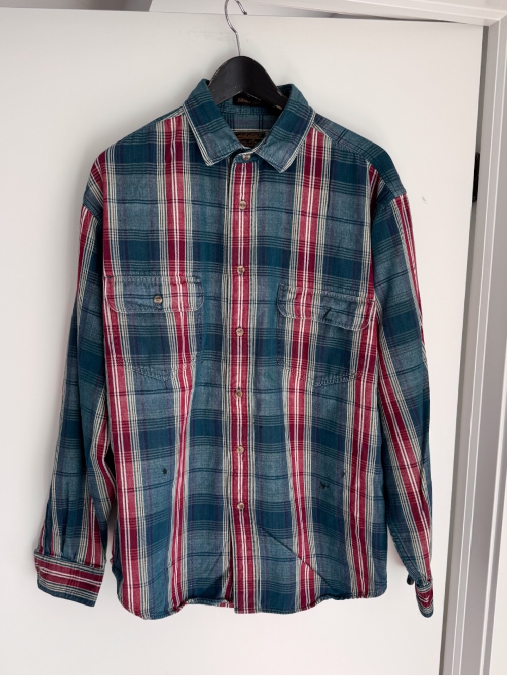 Vintage Eddie Bauer Elkhorn Twill Plaid Shirt L Teal Green Burgundy 90s Thrashed